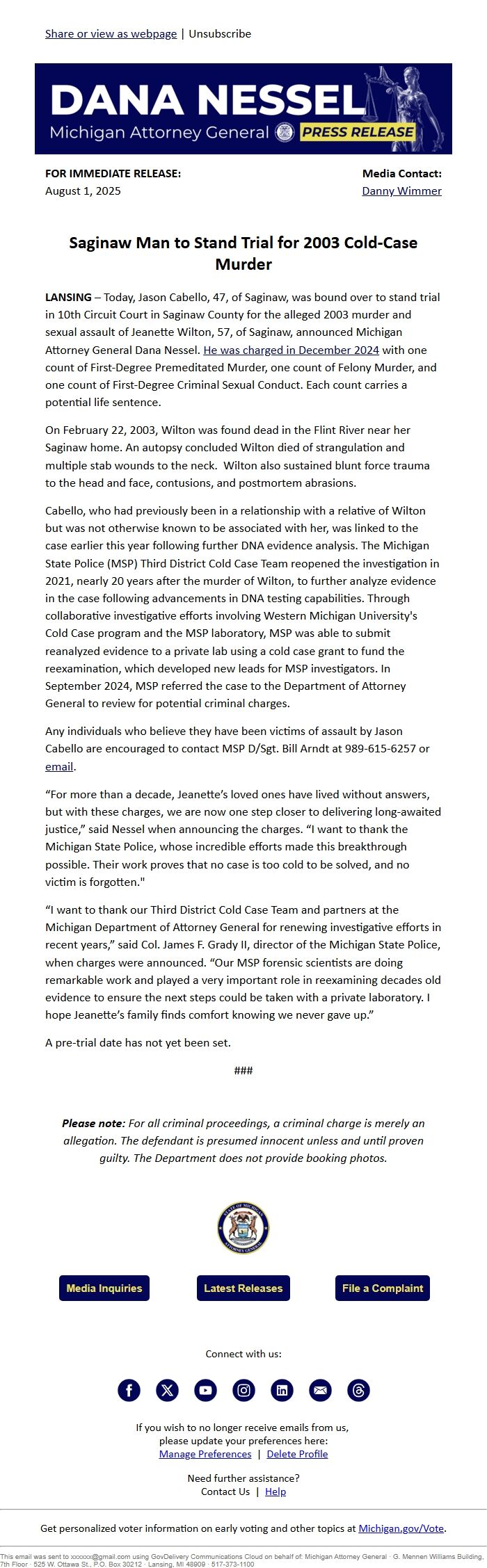 Screenshot of the email generated on import
