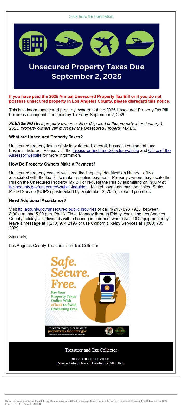 Screenshot of the email generated on import