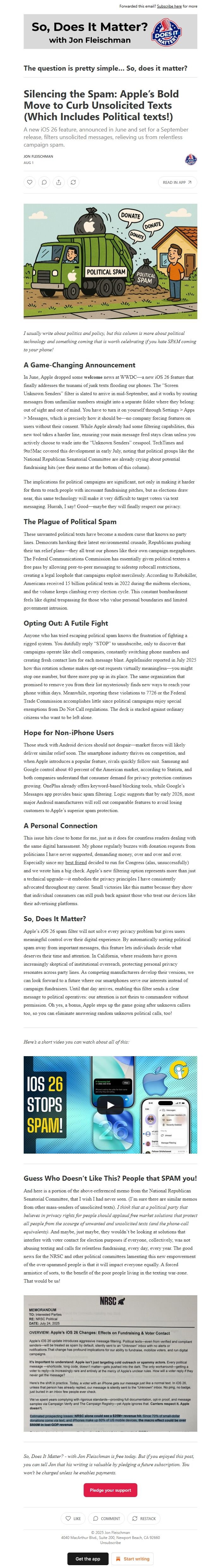 Screenshot of the email generated on import