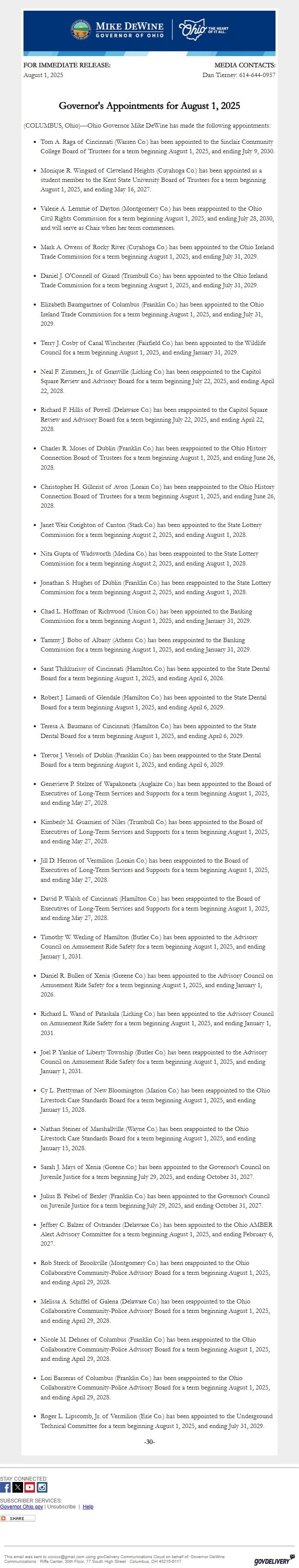 Screenshot of the email generated on import