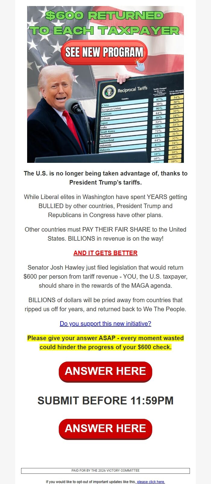 Screenshot of the email generated on import