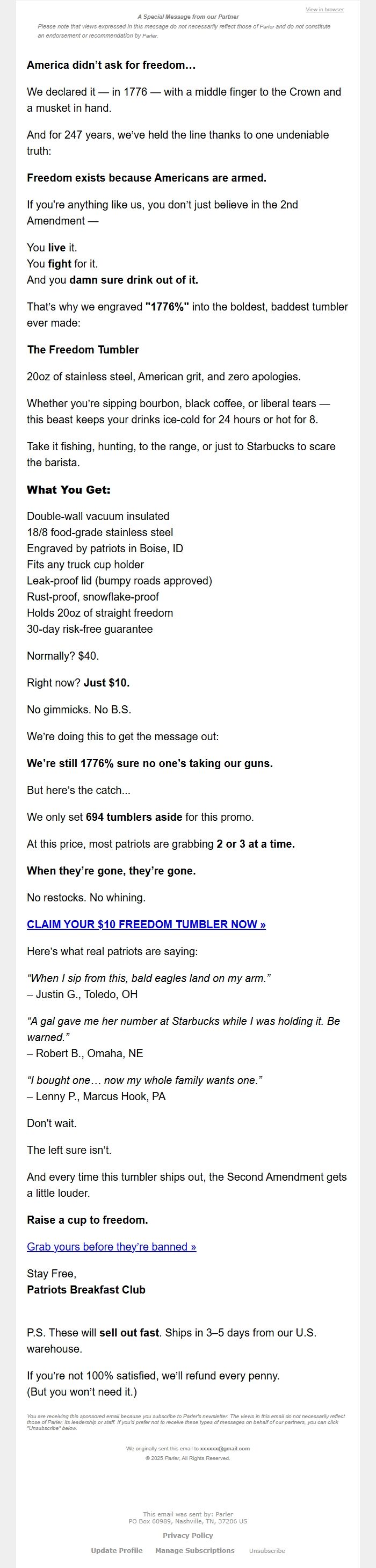 Screenshot of the email generated on import