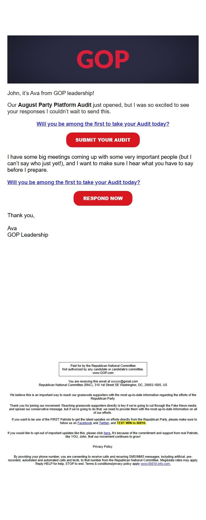 Screenshot of the email generated on import
