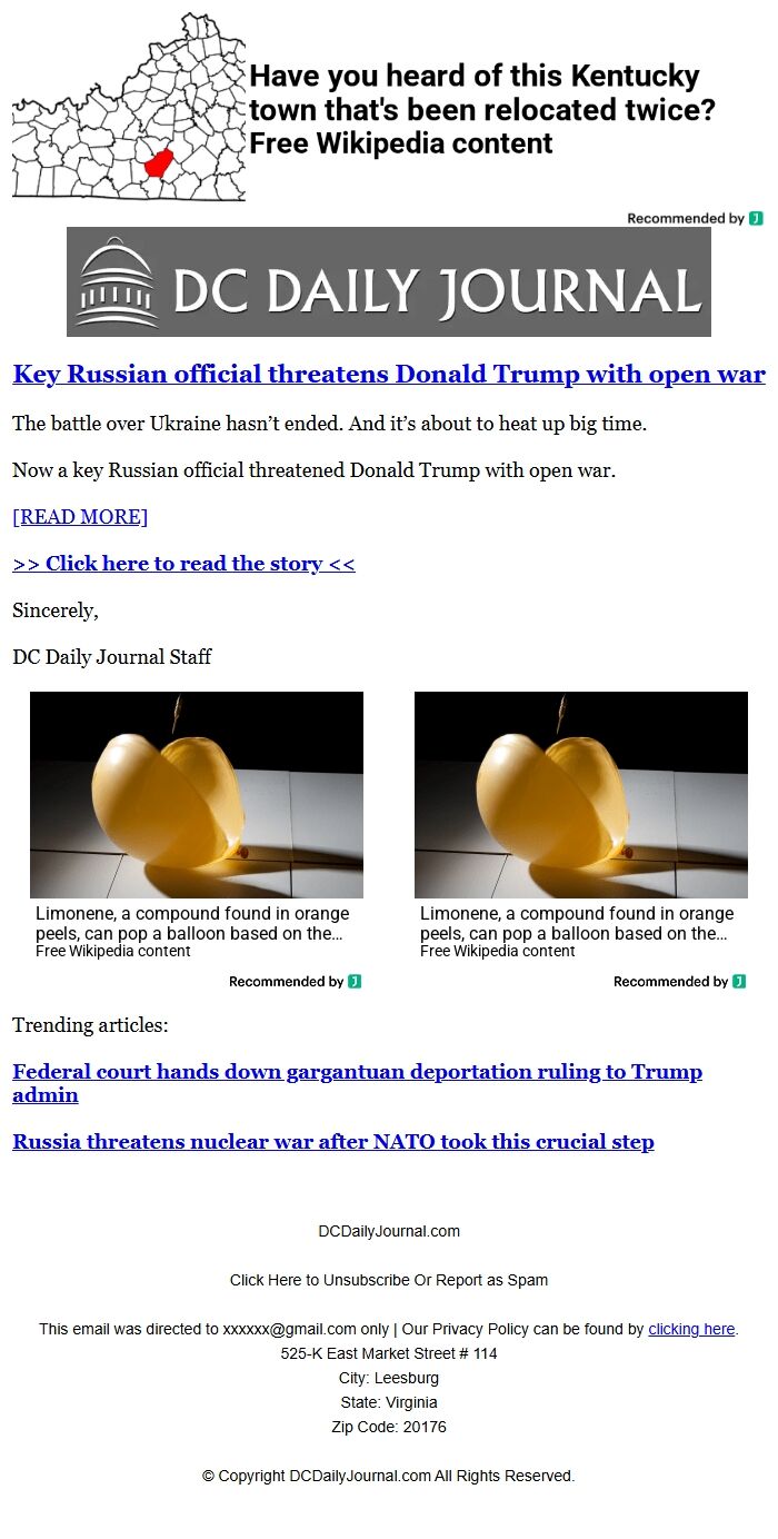 Screenshot of the email generated on import