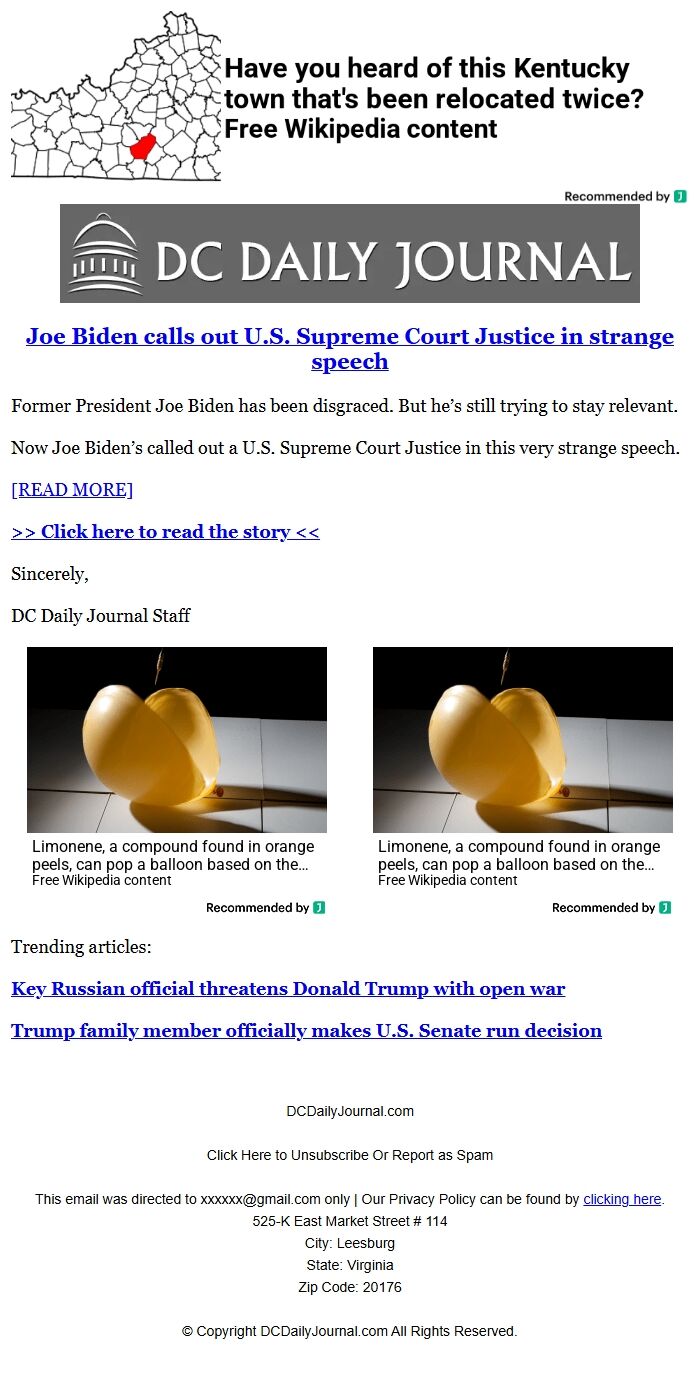 Screenshot of the email generated on import
