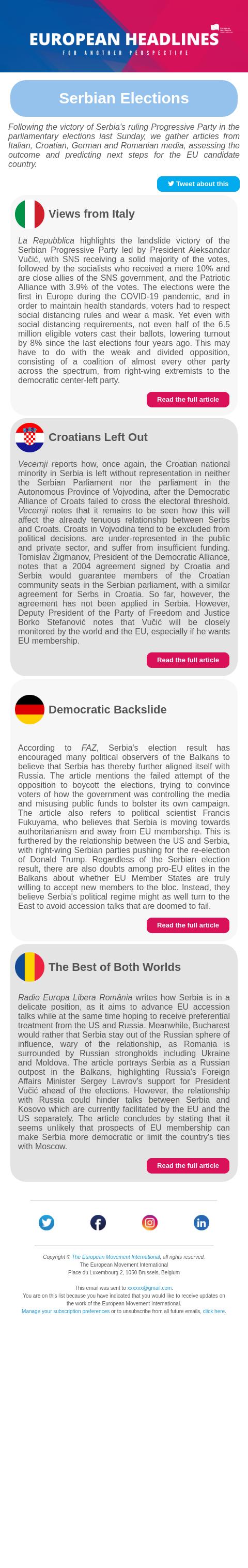 Screenshot of the email generated on import