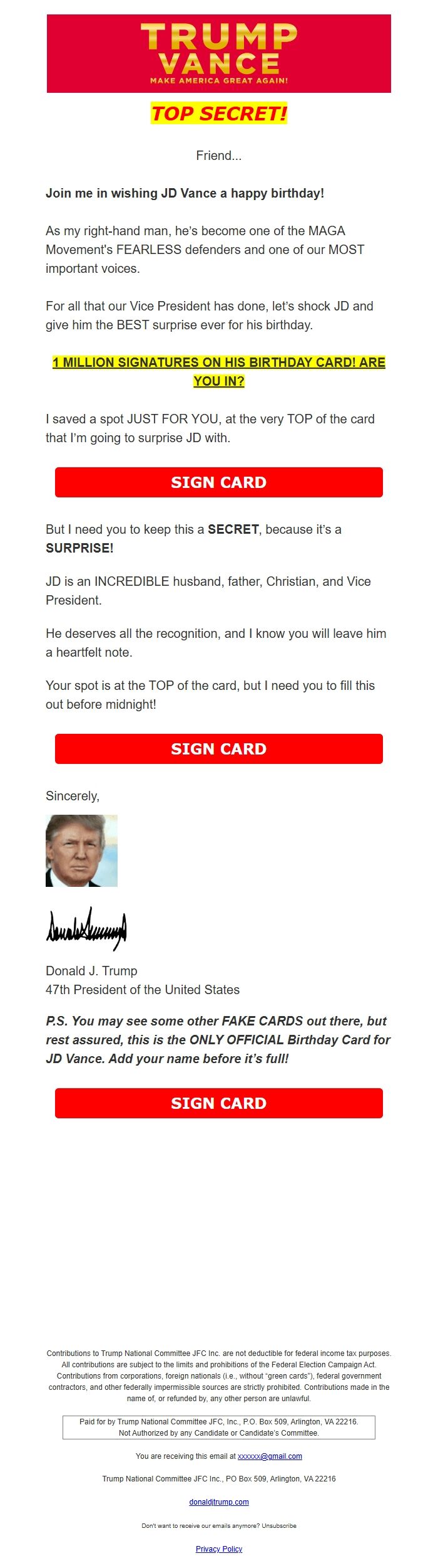 Screenshot of the email generated on import