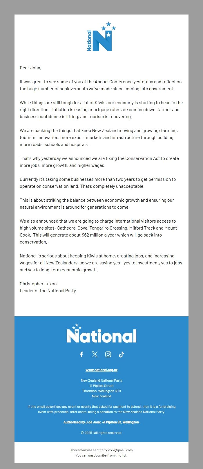 Screenshot of the email generated on import