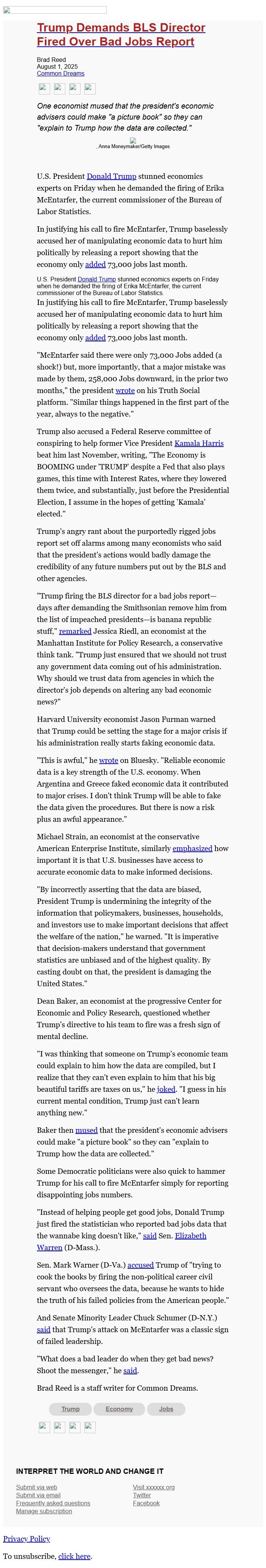 Screenshot of the email generated on import