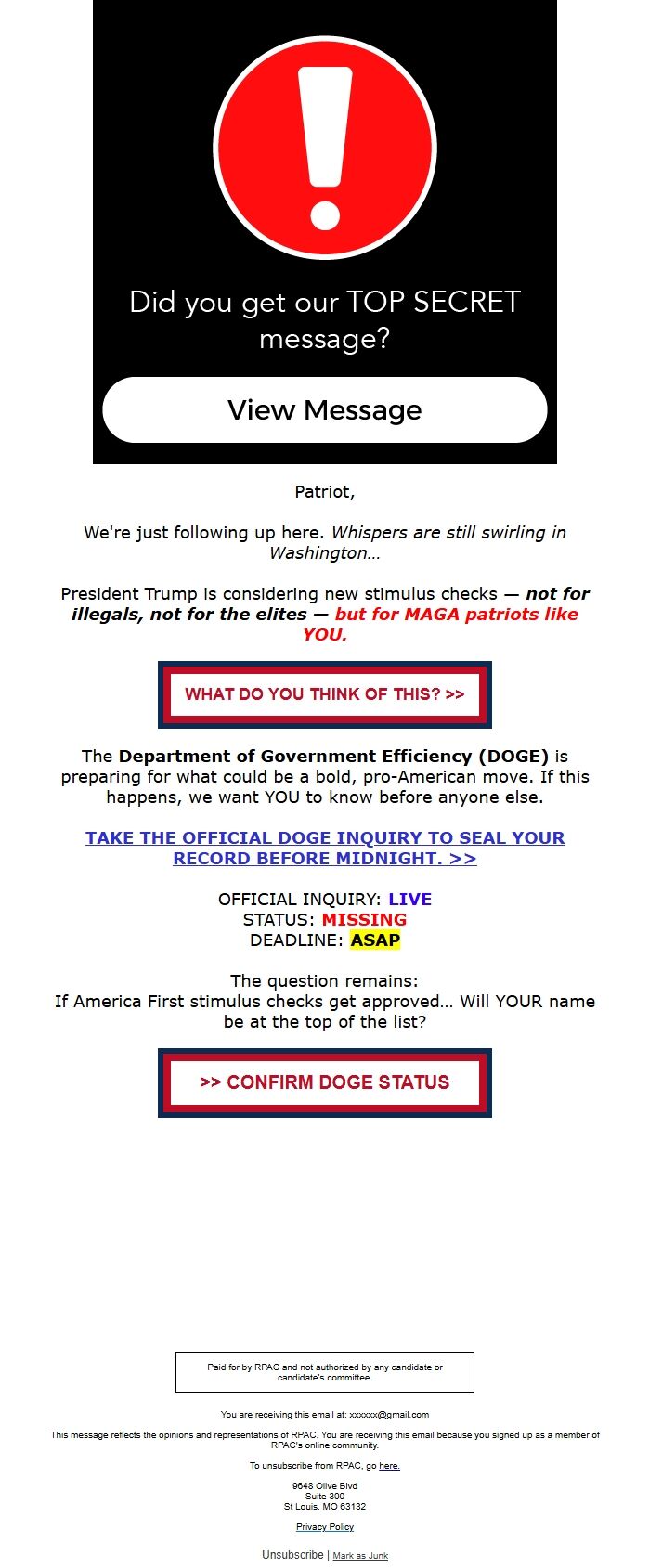 Screenshot of the email generated on import