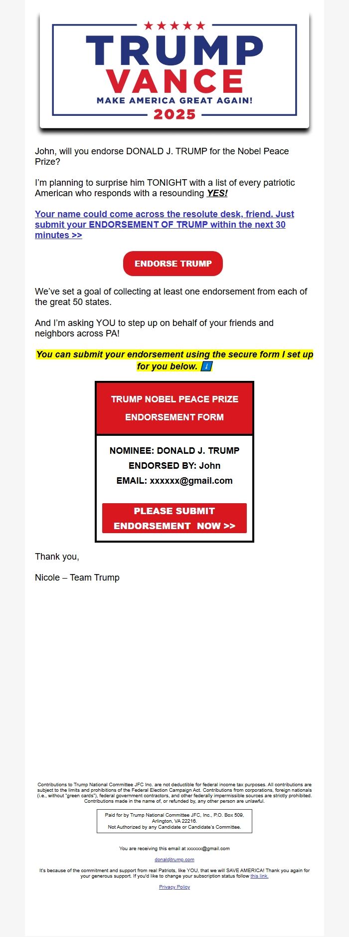 Screenshot of the email generated on import