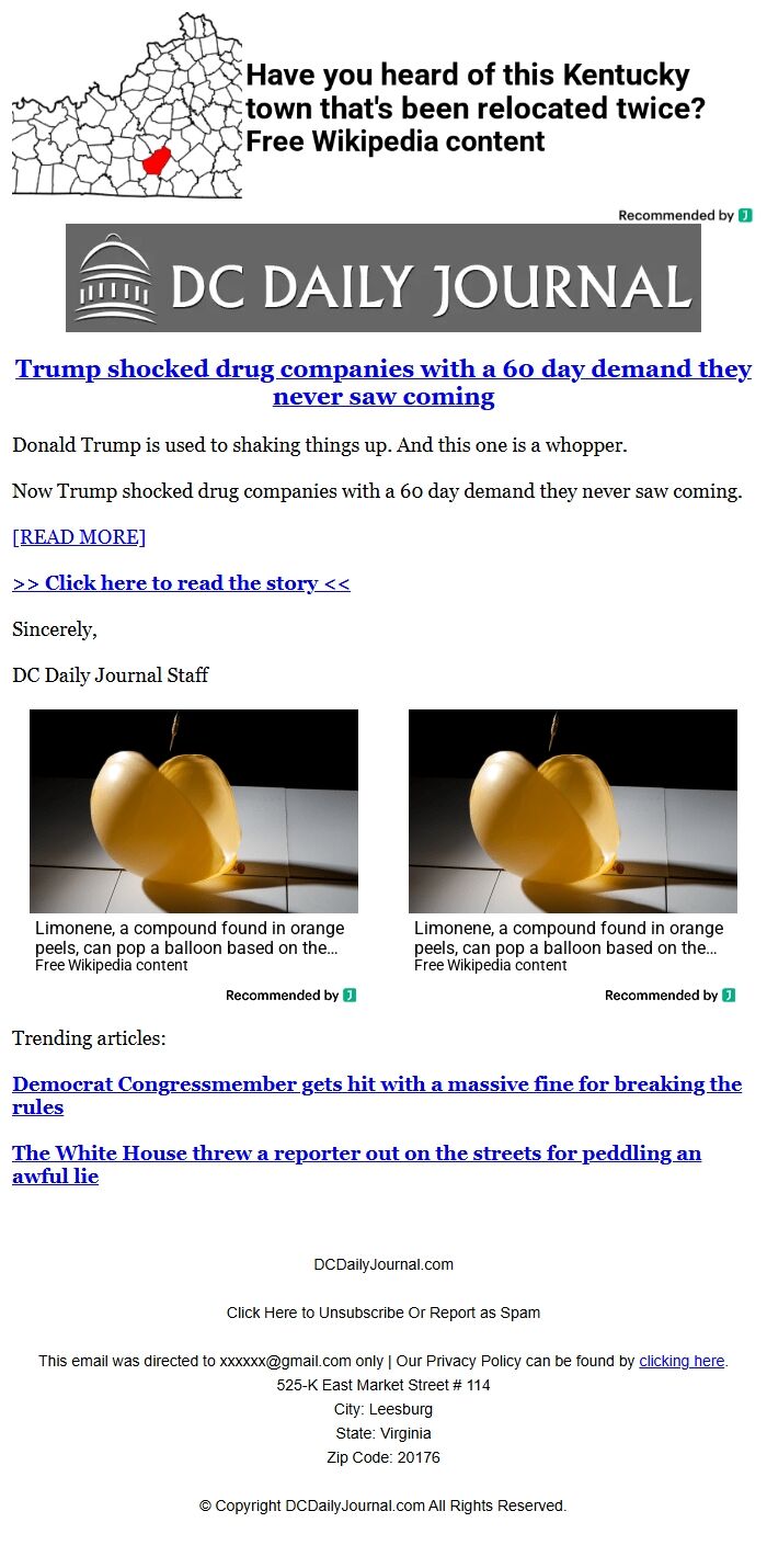 Screenshot of the email generated on import