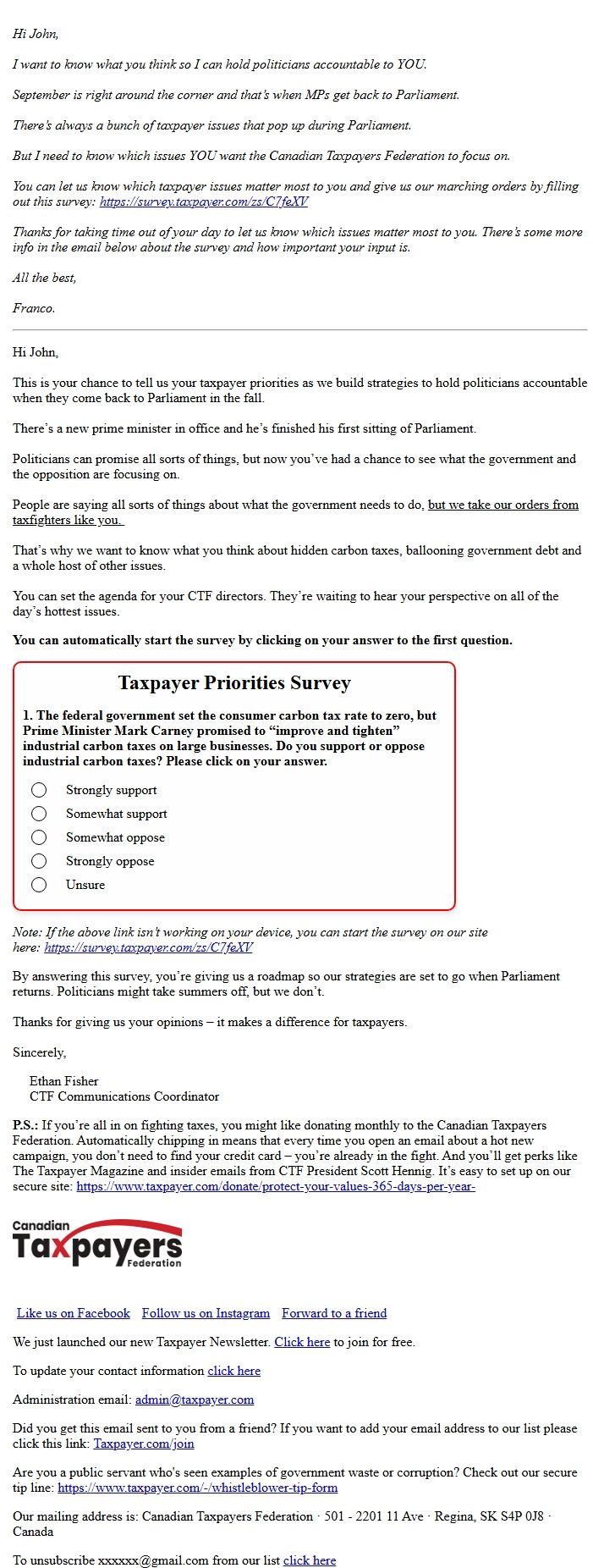 Screenshot of the email generated on import