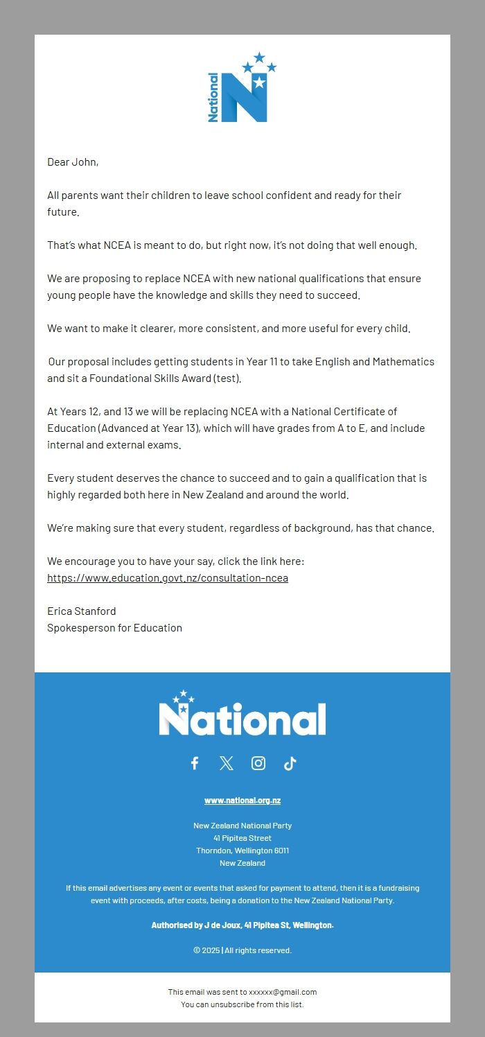 Screenshot of the email generated on import