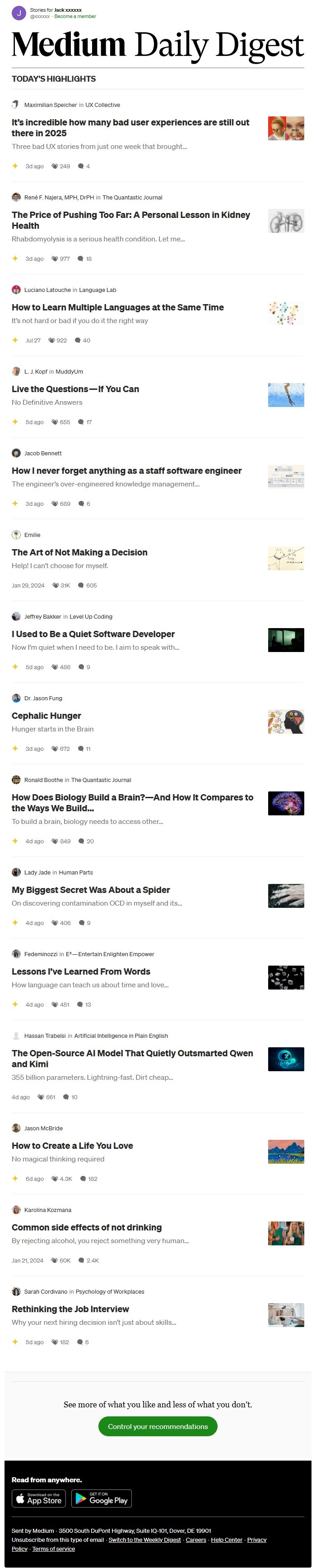Screenshot of the email generated on import