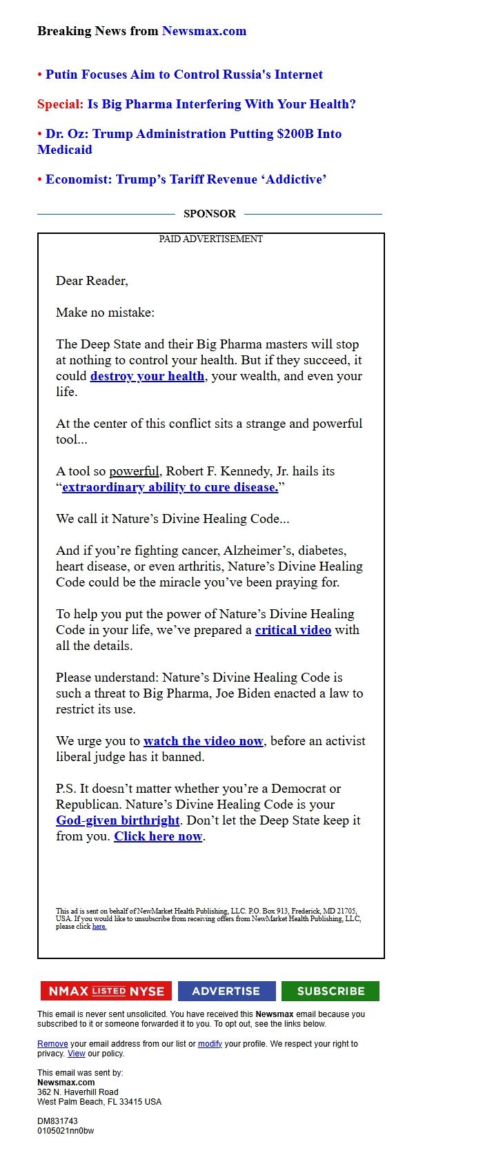 Screenshot of the email generated on import
