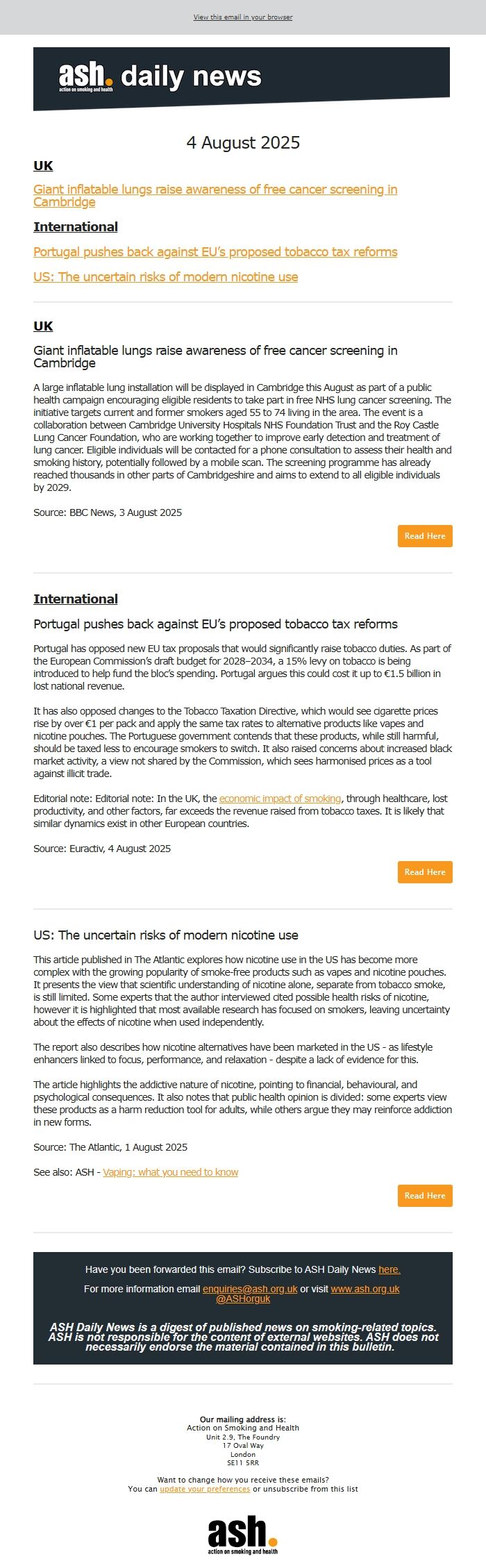Screenshot of the email generated on import