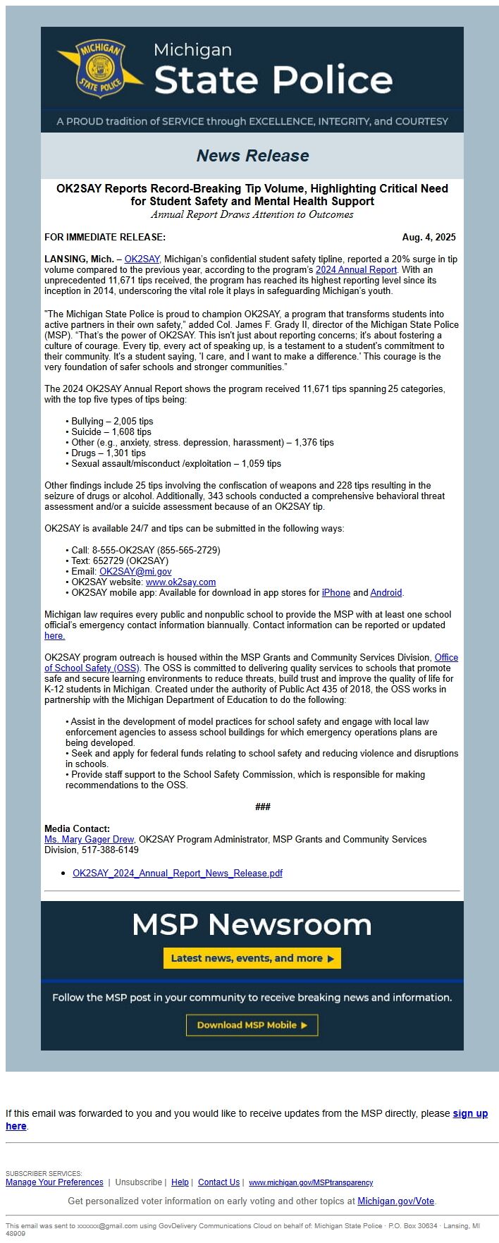 Screenshot of the email generated on import