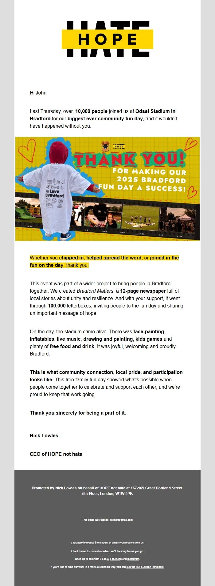 Screenshot of the email generated on import