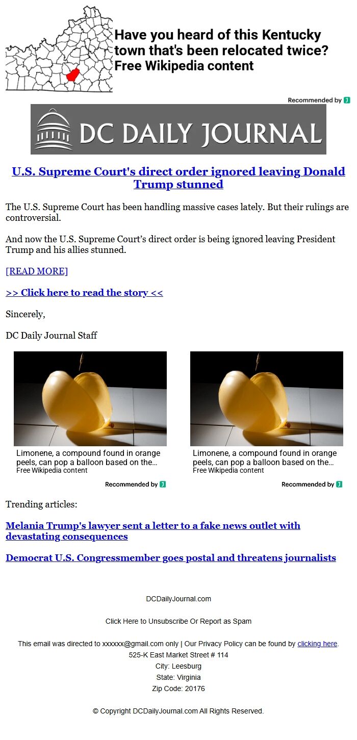 Screenshot of the email generated on import