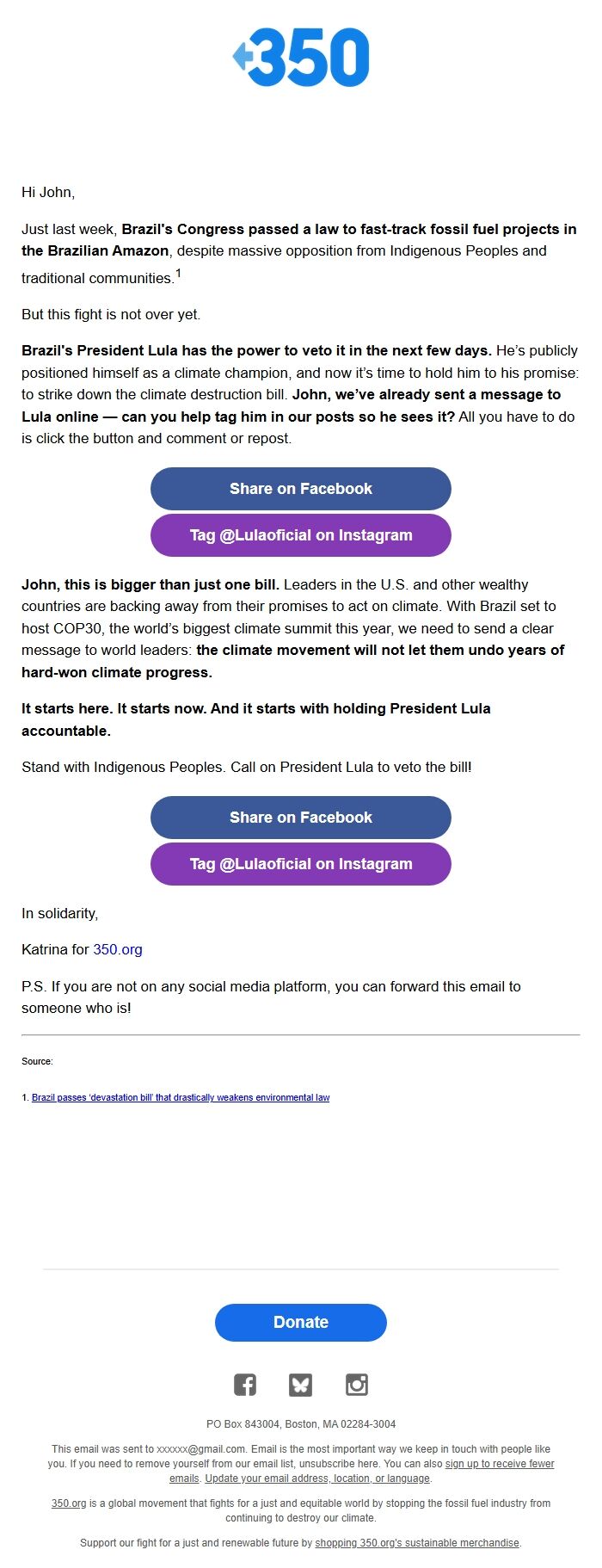 Screenshot of the email generated on import