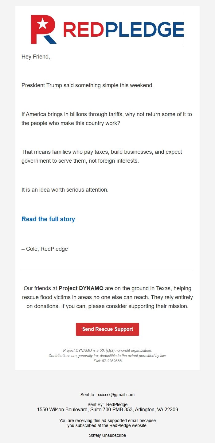 Screenshot of the email generated on import