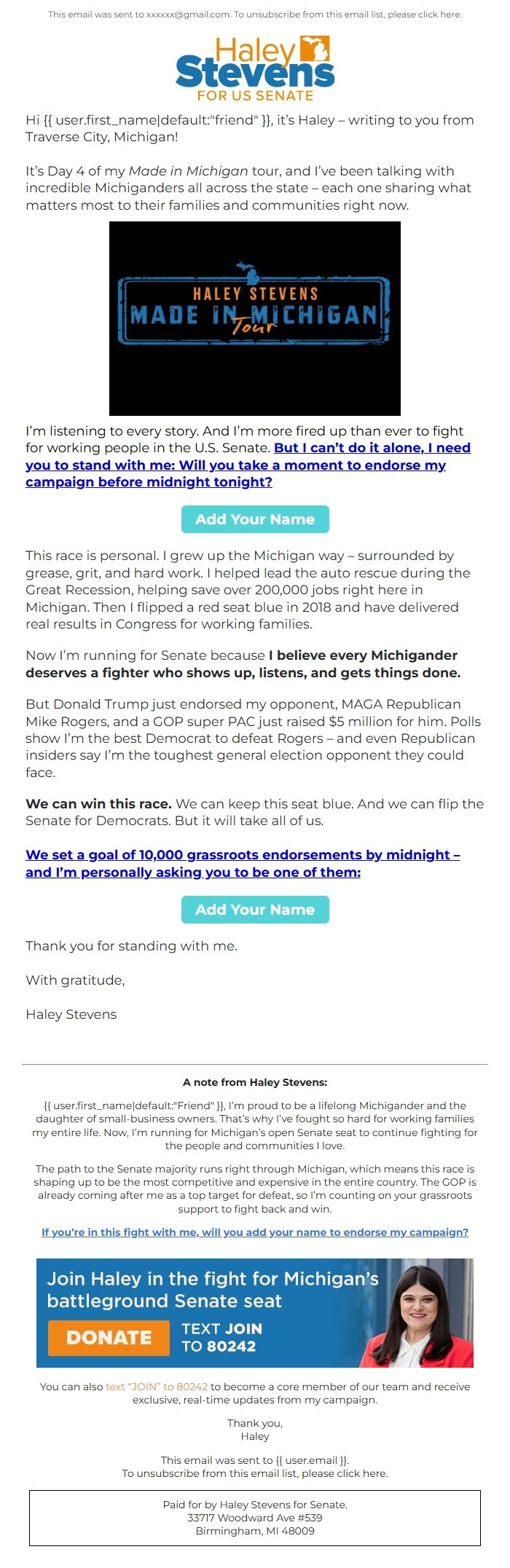 Screenshot of the email generated on import