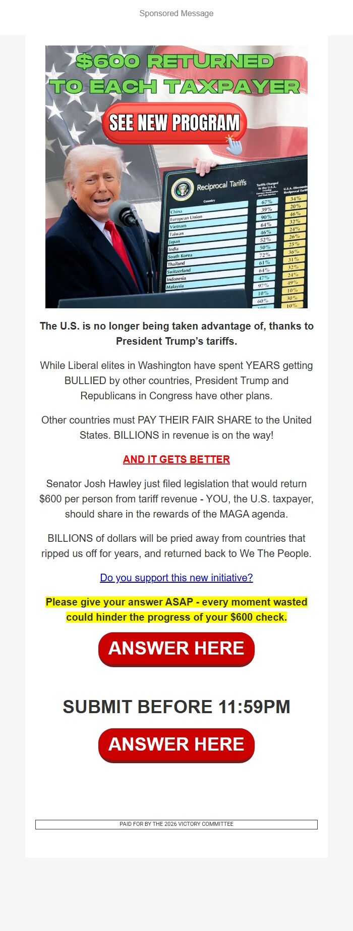Screenshot of the email generated on import