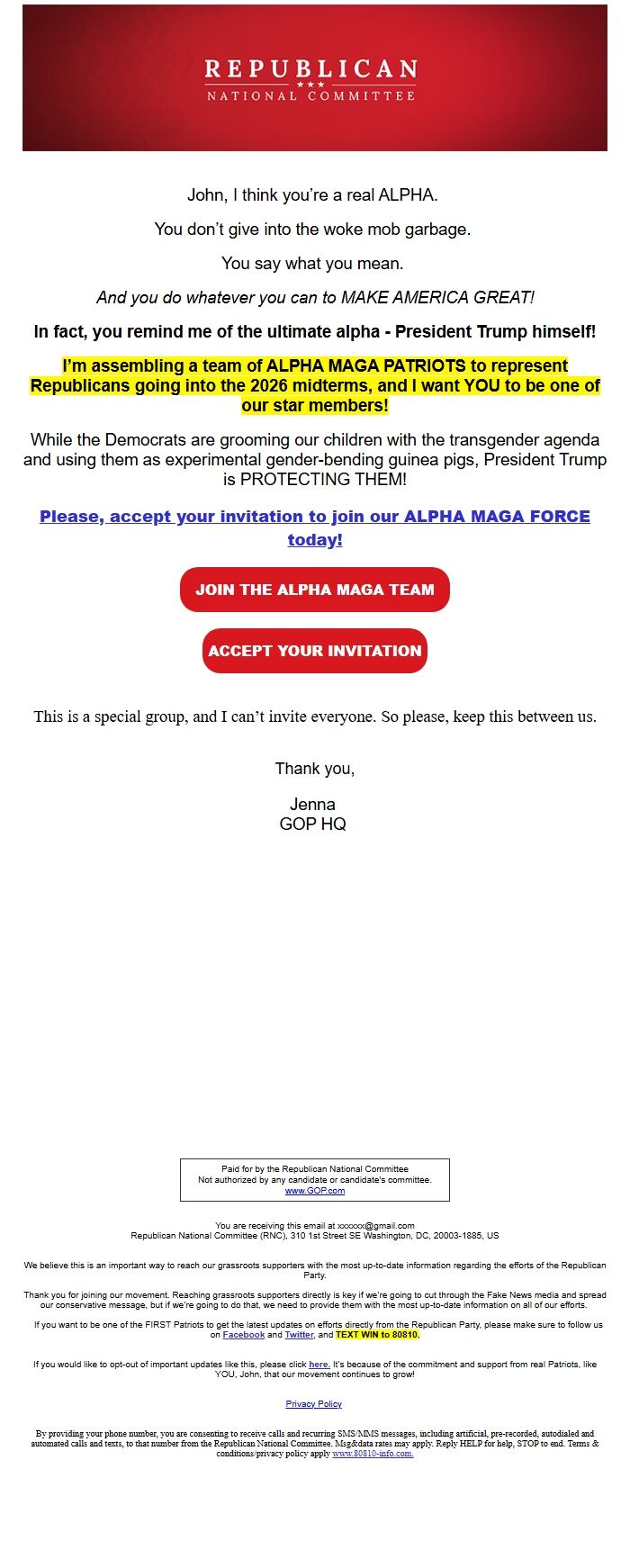 Screenshot of the email generated on import