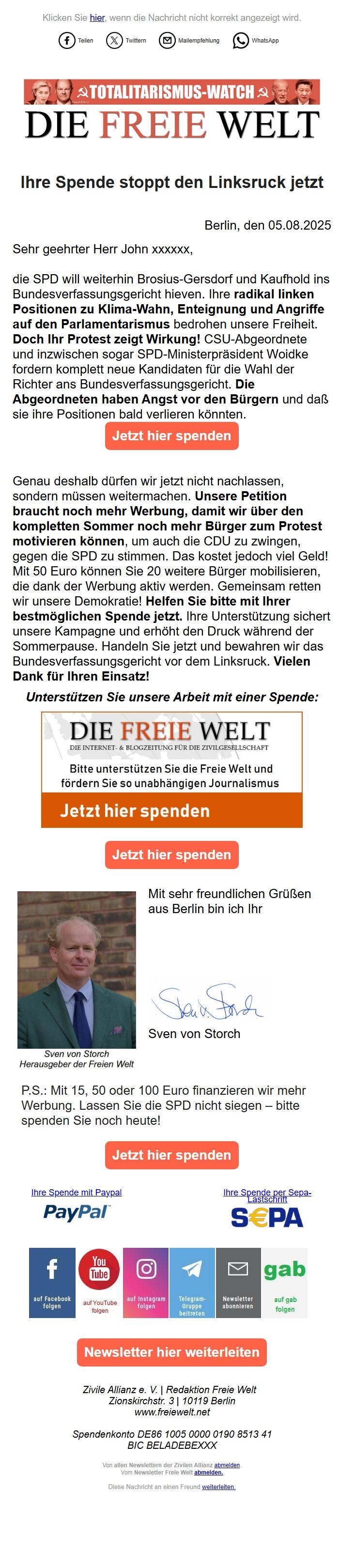Screenshot of the email generated on import