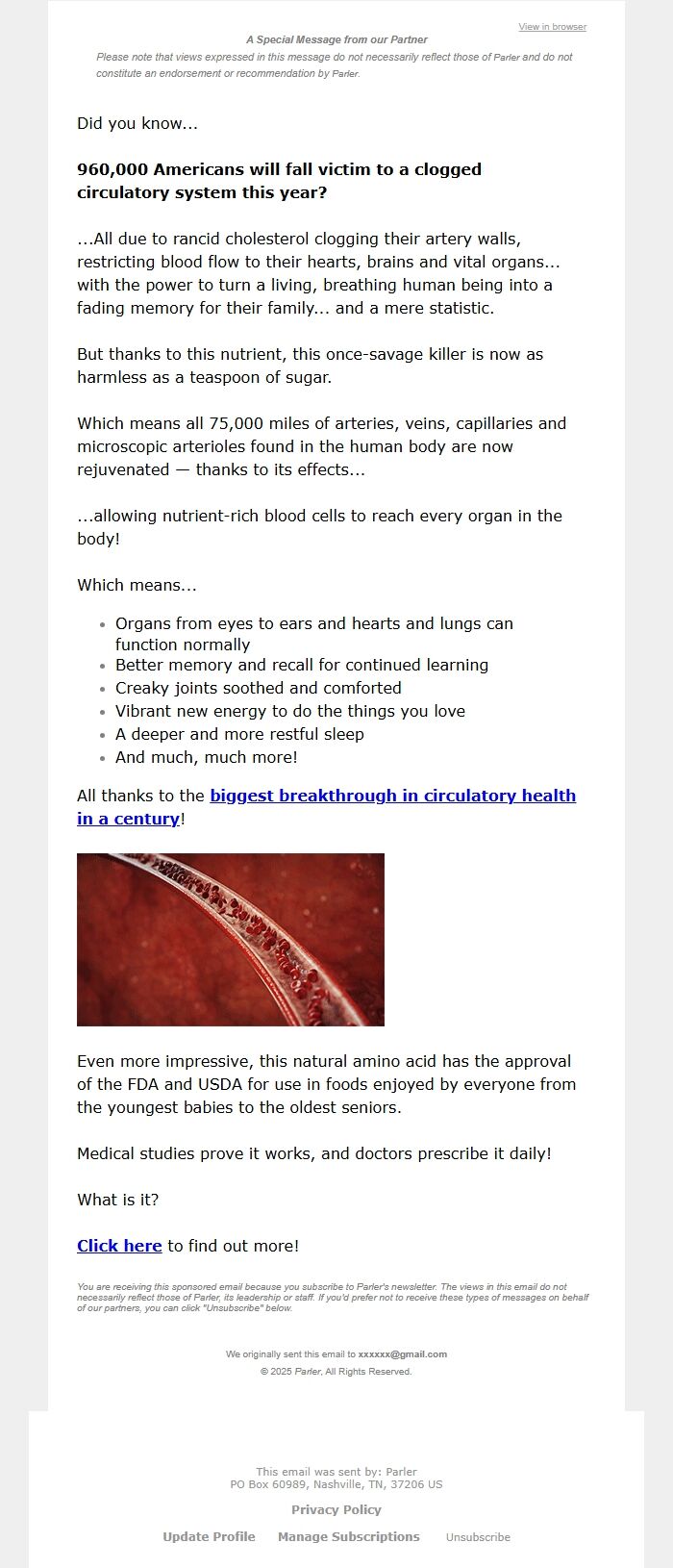 Screenshot of the email generated on import