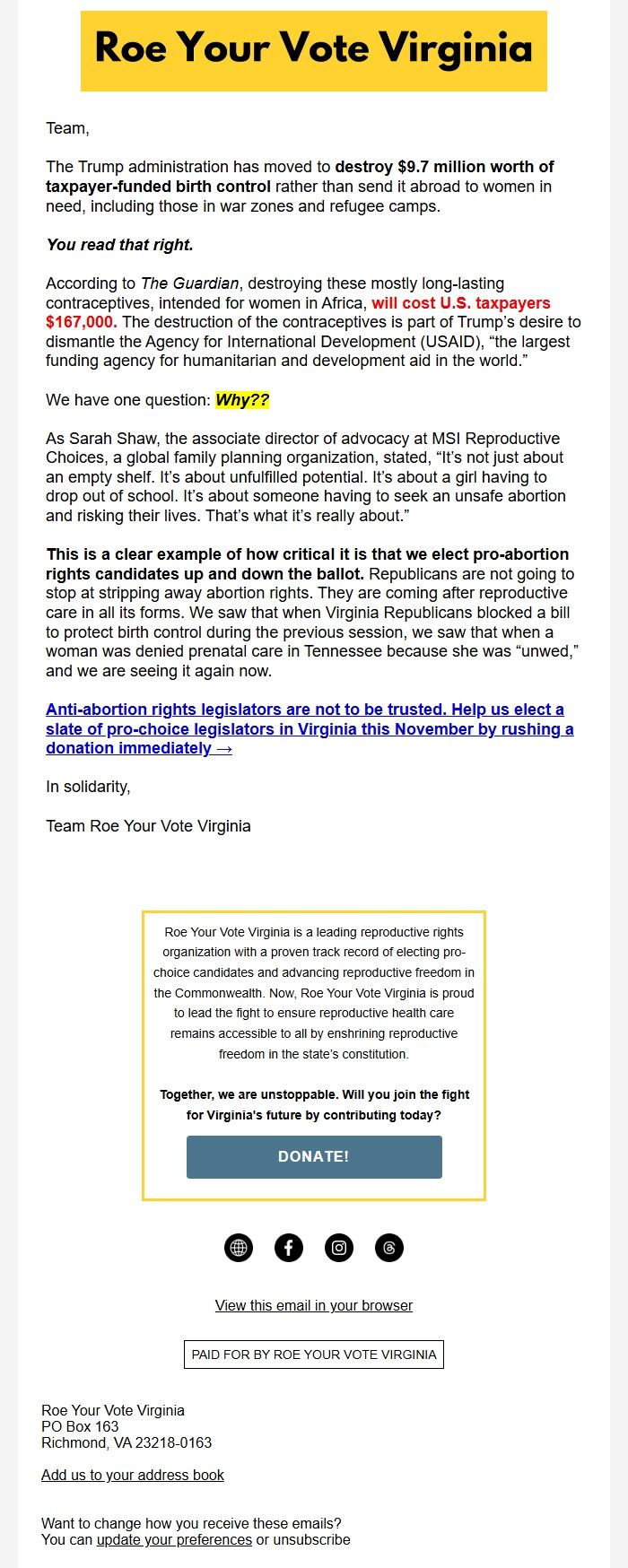 Screenshot of the email generated on import