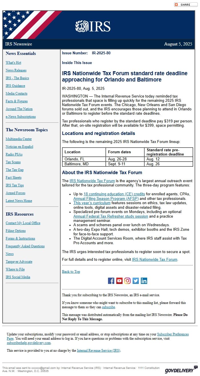 Screenshot of the email generated on import