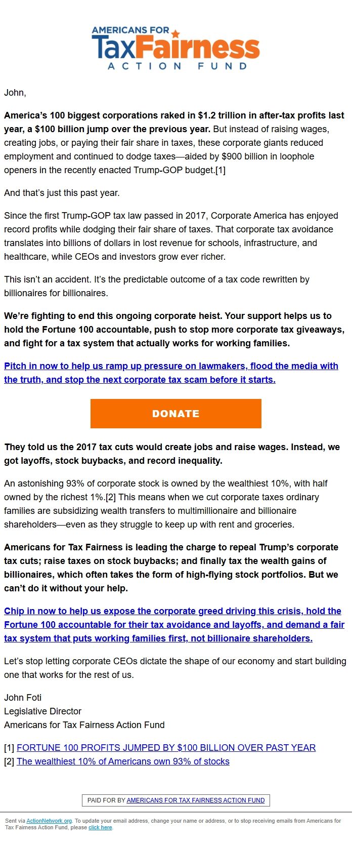 Screenshot of the email generated on import