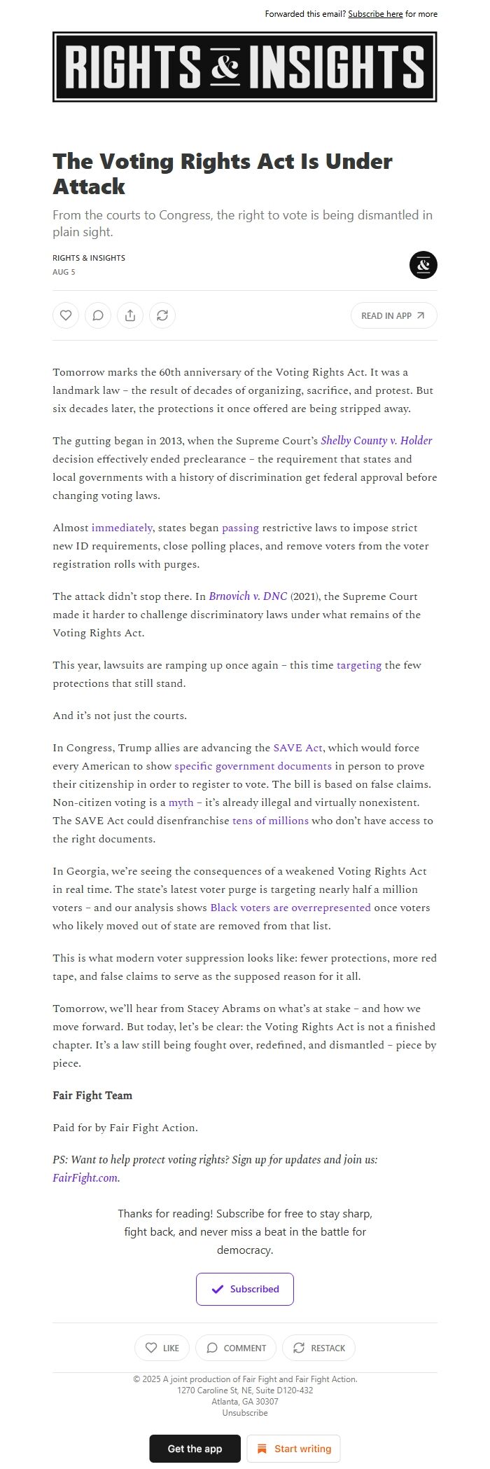 Screenshot of the email generated on import