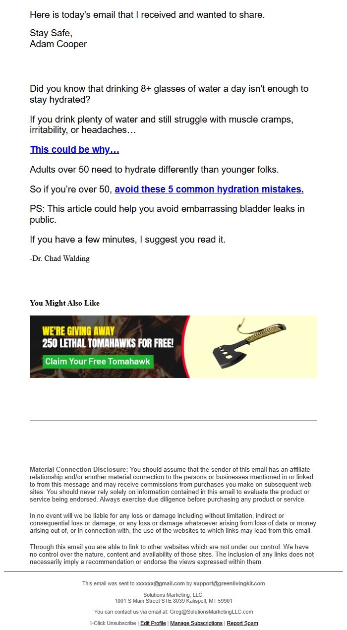 Screenshot of the email generated on import