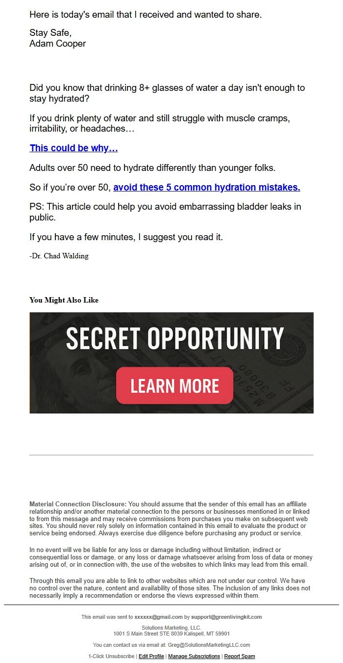 Screenshot of the email generated on import