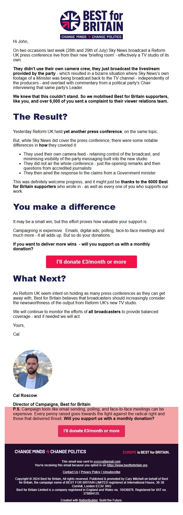 Screenshot of the email generated on import