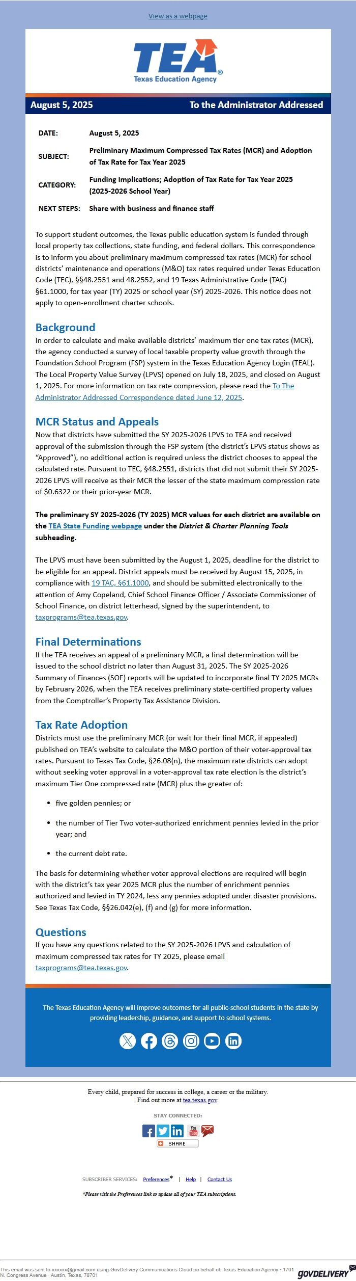 Screenshot of the email generated on import