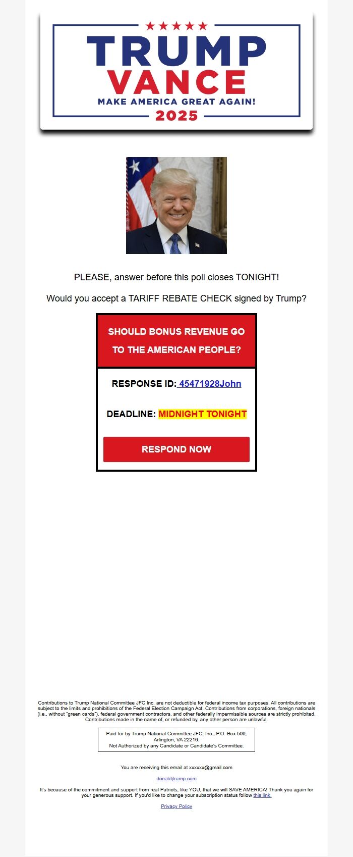 Screenshot of the email generated on import