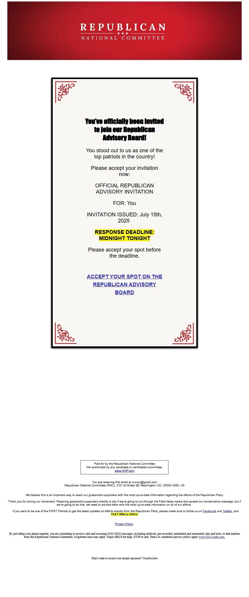 Screenshot of the email generated on import