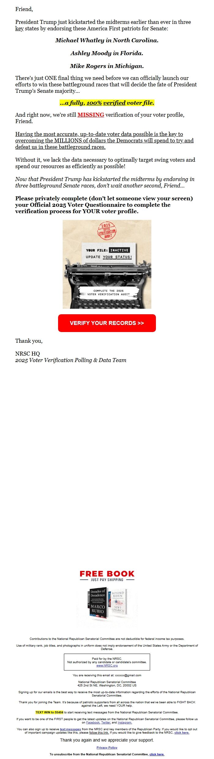 Screenshot of the email generated on import