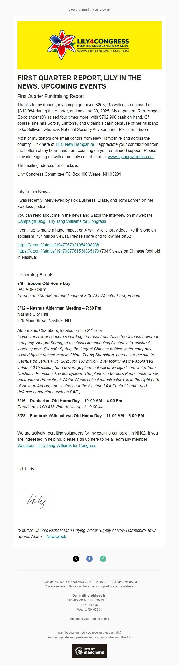 Screenshot of the email generated on import