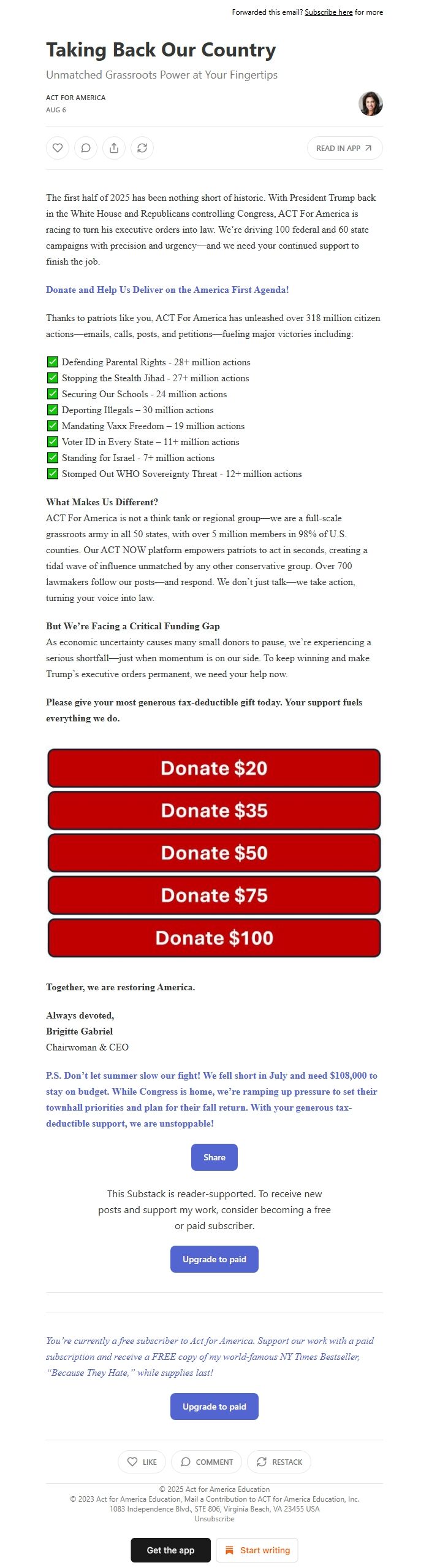 Screenshot of the email generated on import