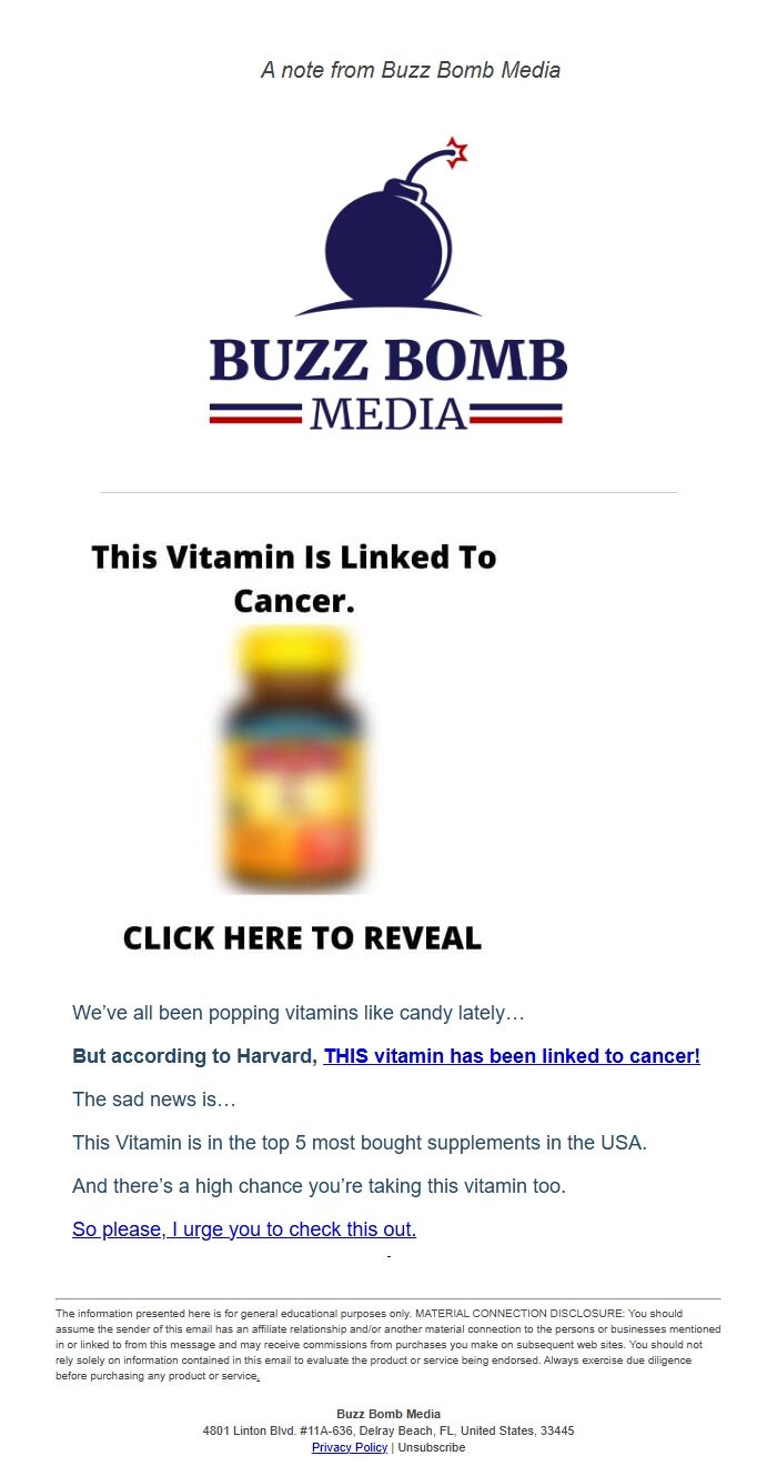 Screenshot of the email generated on import