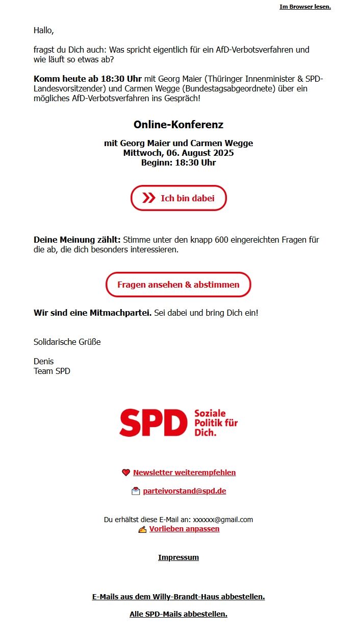 Screenshot of the email generated on import