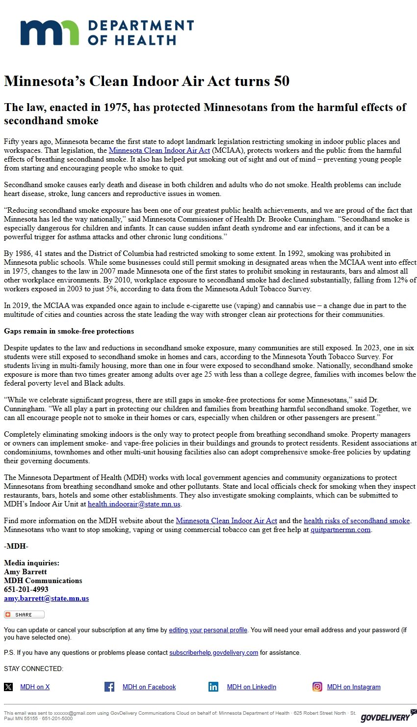 Screenshot of the email generated on import