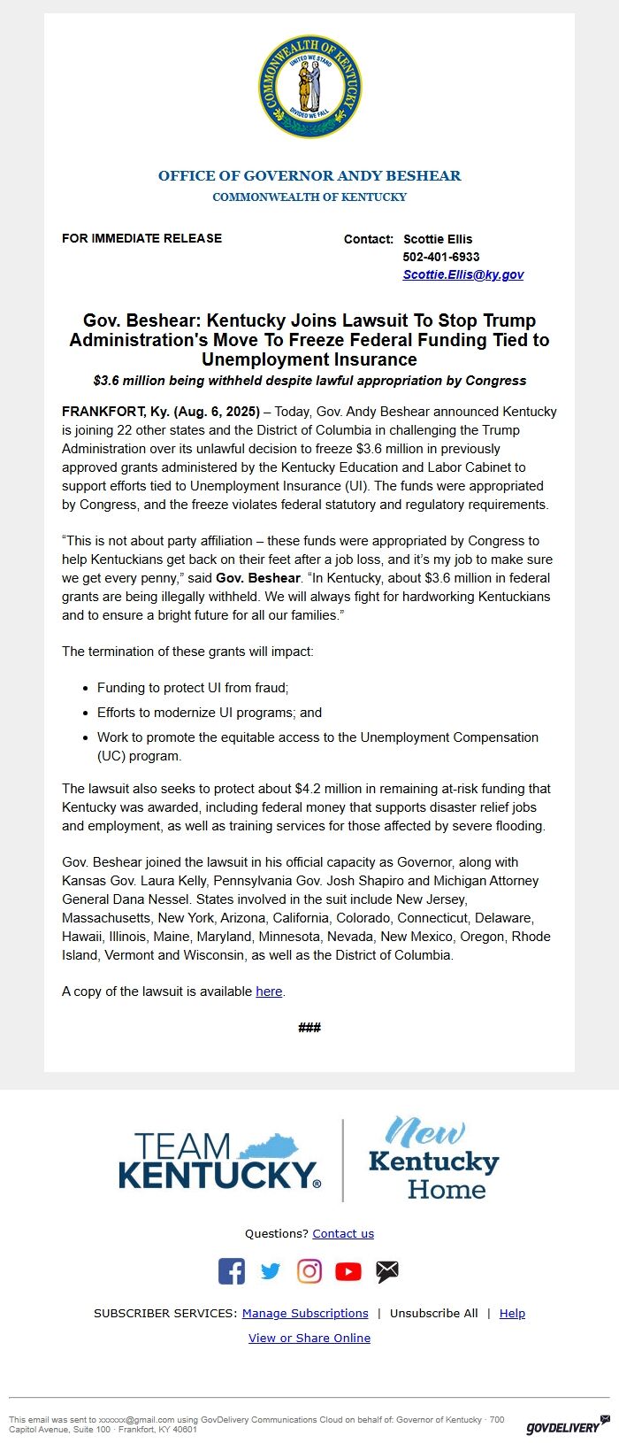 Screenshot of the email generated on import