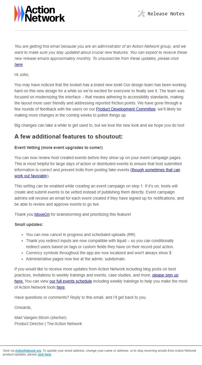 Screenshot of the email generated on import