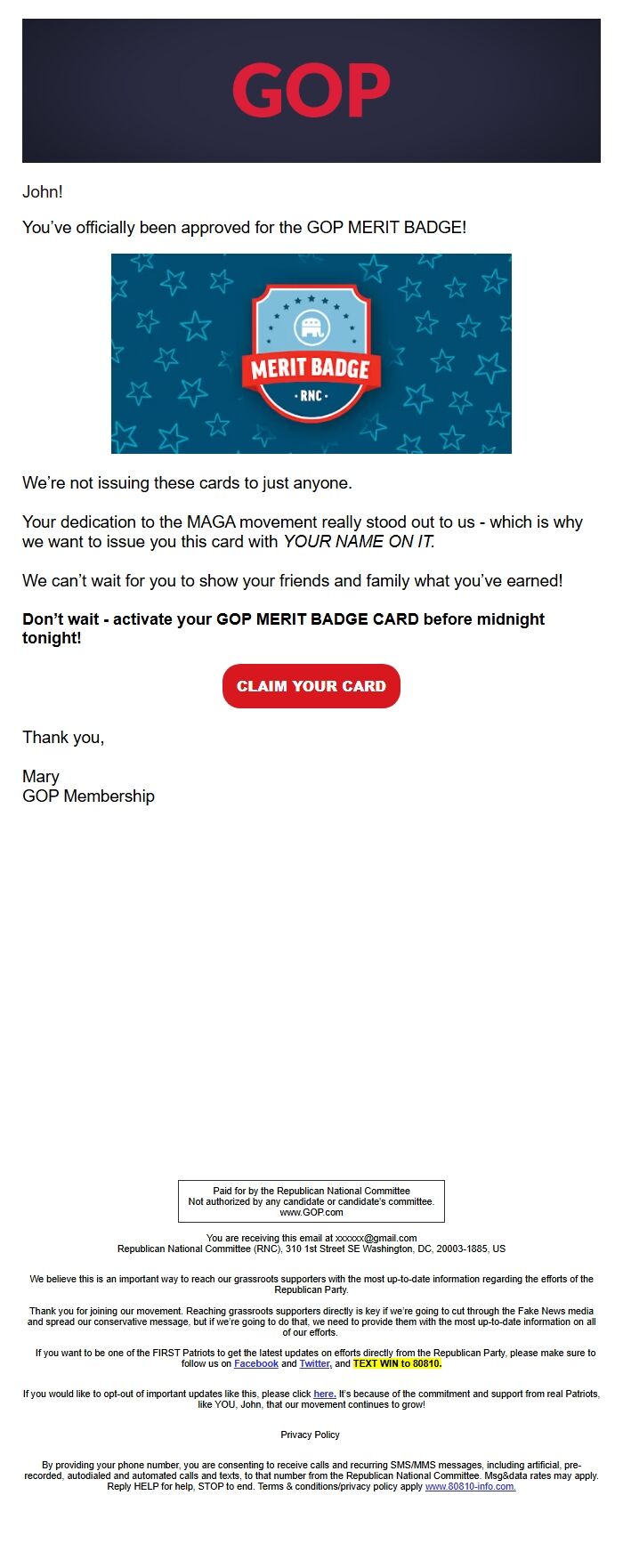 Screenshot of the email generated on import